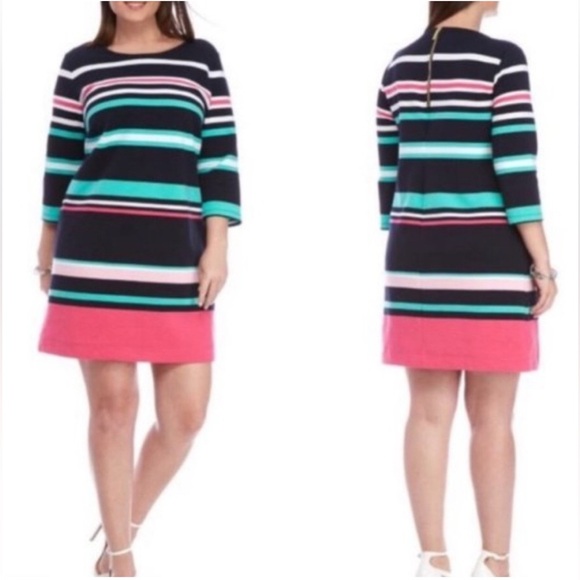 Crown & Ivy Shift Dress Ribbed Navy White Mint Pink Stripe Small Coastal Spring - Picture 2 of 13